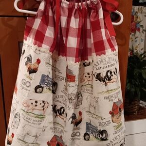 Girls Pillowcase Red and White Farm Print Dress